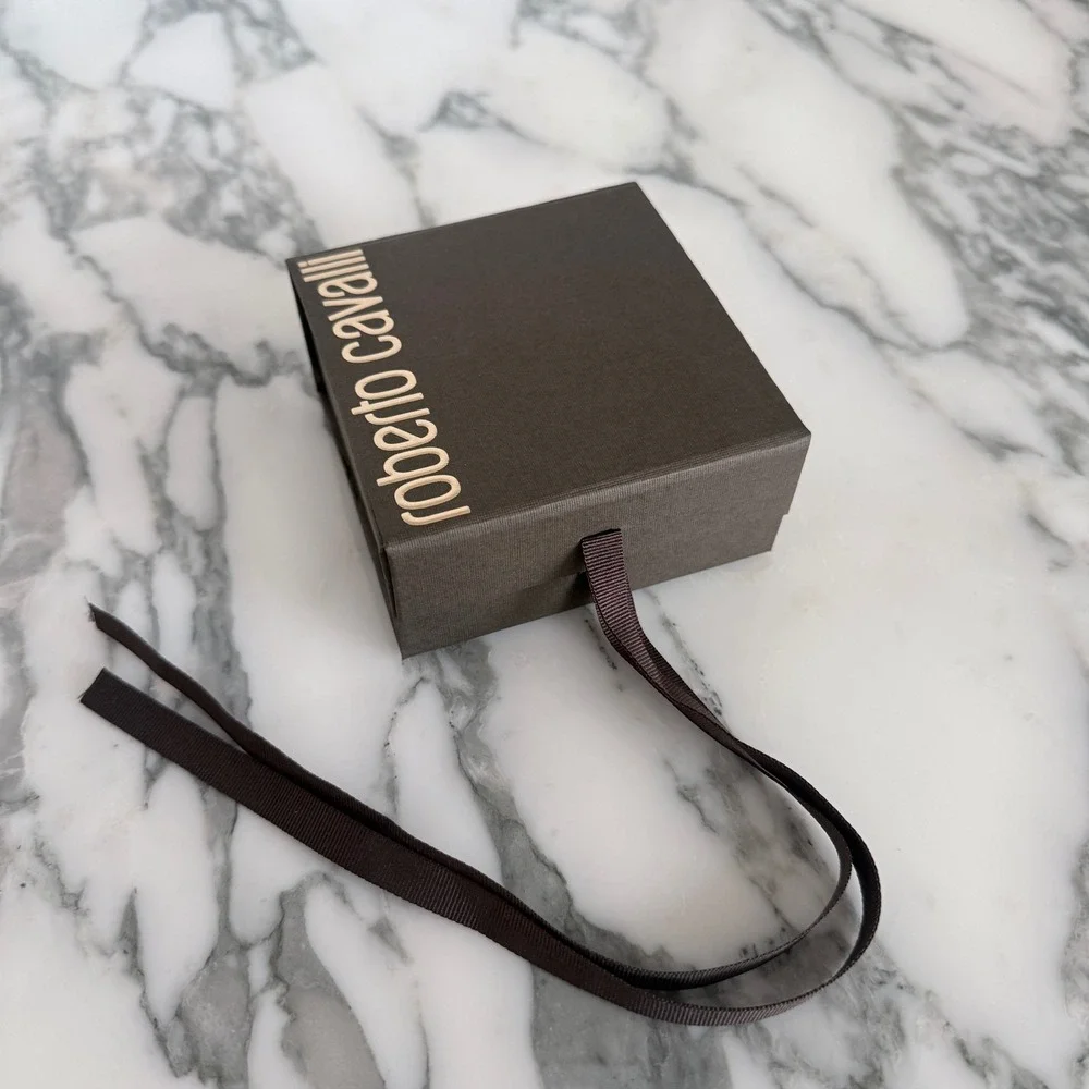Roberto Cavalli Brown Textured Square Gift Box with Gold Logo and Ribbon Pull